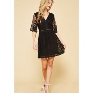 Black Crochet Lace V-Neck Fit & Flare Dress